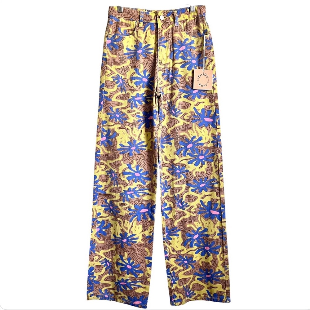 Bailey Rose Boho Psychedelic Denim Jeans Blue Floral Wide Leg S NWT